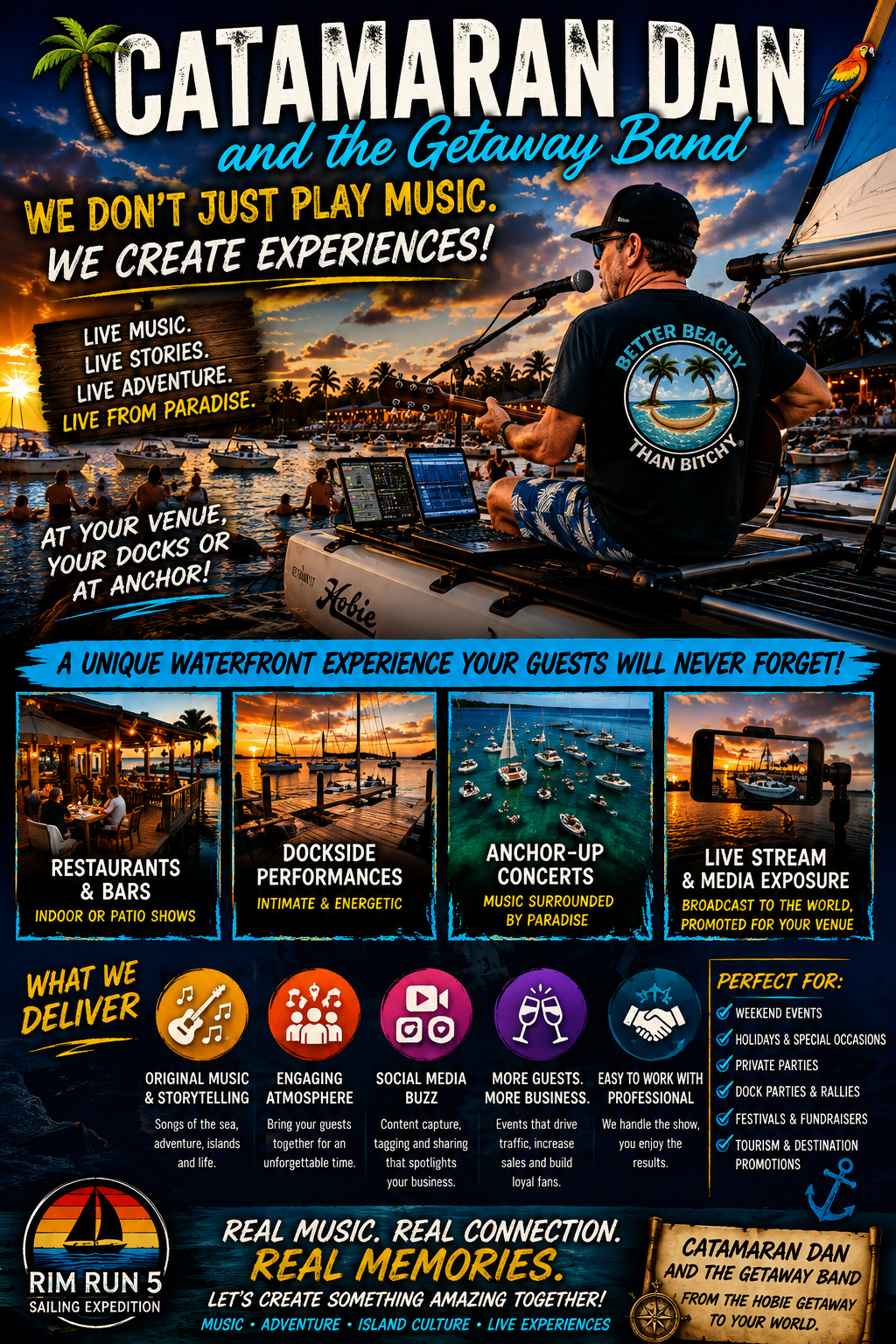 Catamaran Dan and the Getaway Band — live waterfront music experience flyer